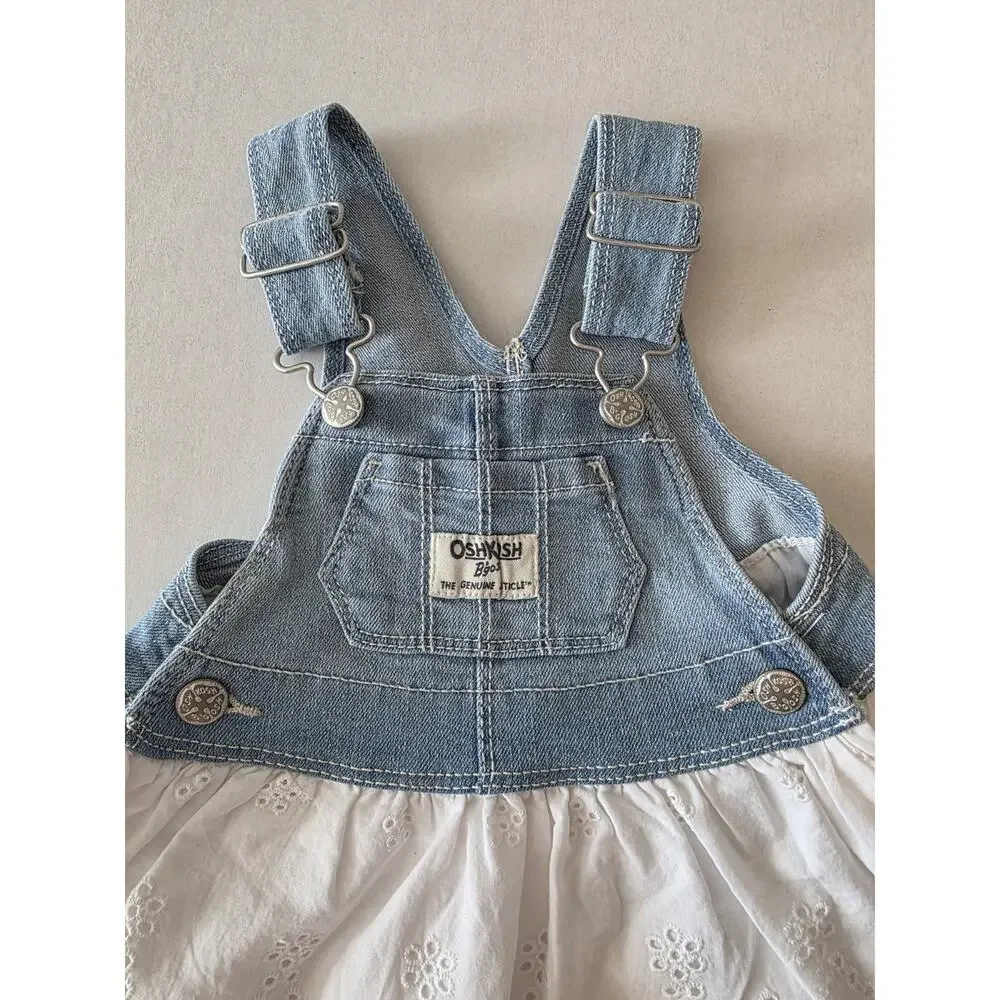 Oshkosh B'Gosh Baby Denim Jumper Dress White Eyelet Skirt Vestbak‎ 3 Months